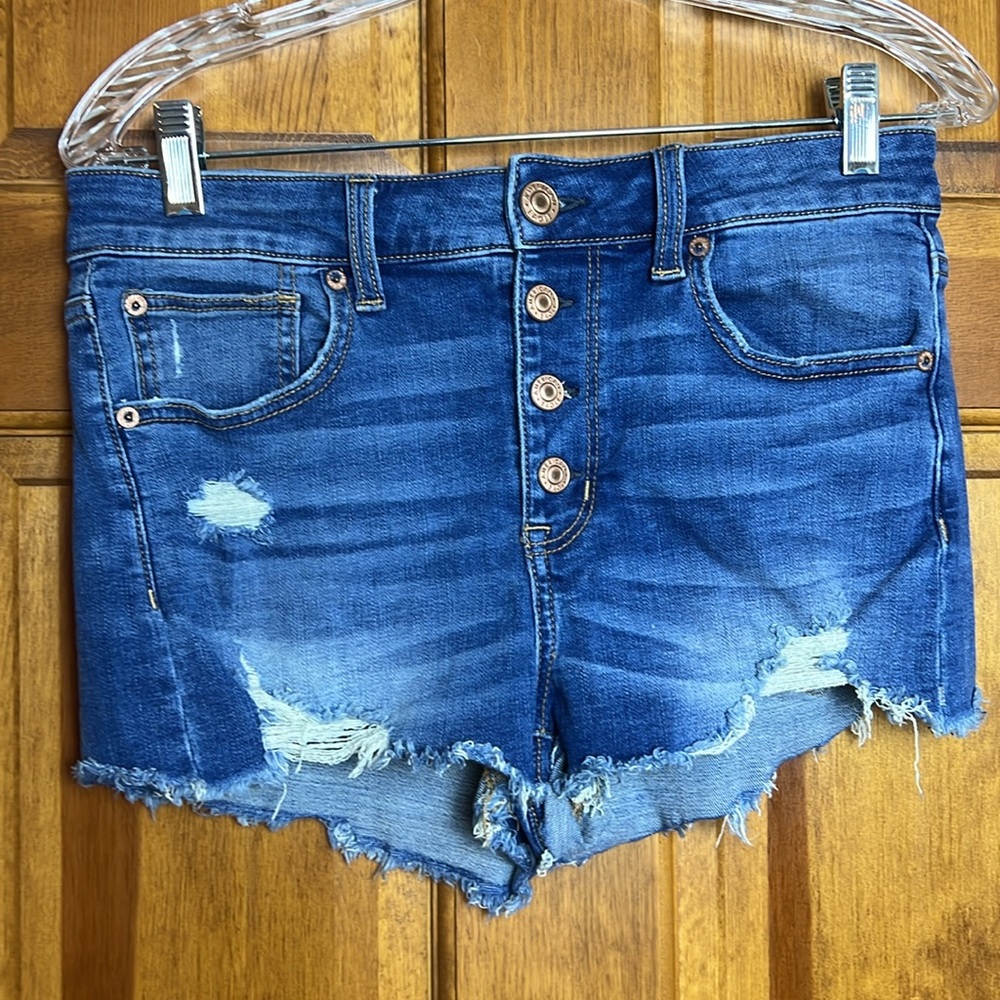 Women's American Eagle Blue Hi-Rise Shortie Size 8 Distressed Button Fly Stretch